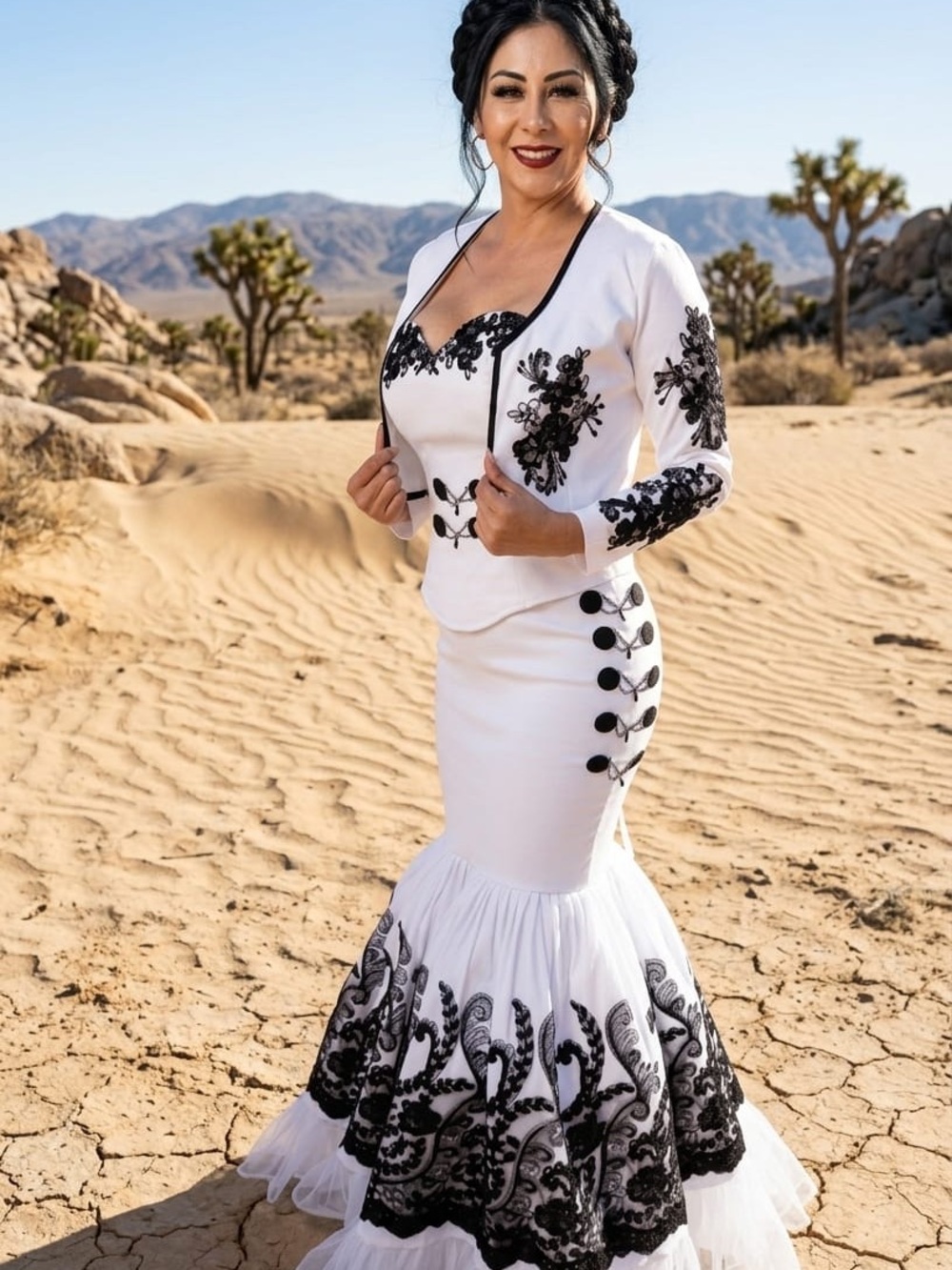 Elegant White & Black Embroidered Flamenco-Style Dress - Picture 2 of 3
